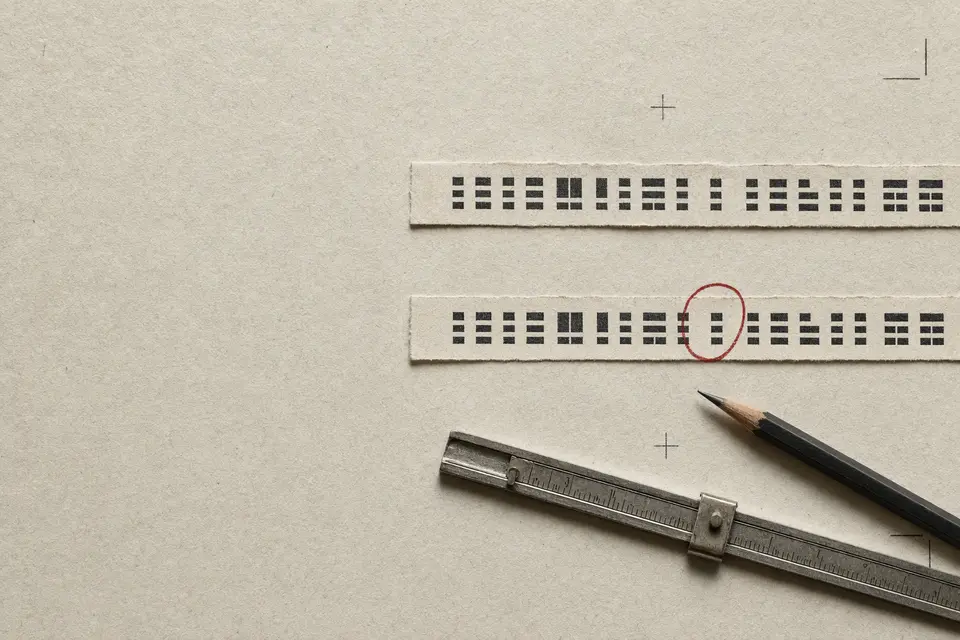 Two rows of near-identical ink blocks on newsprint, with one mismatched block circled in red pencil